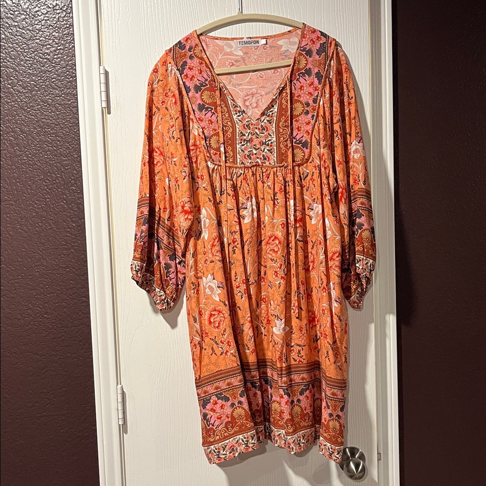 Orange Floral Long Sleeve Dress